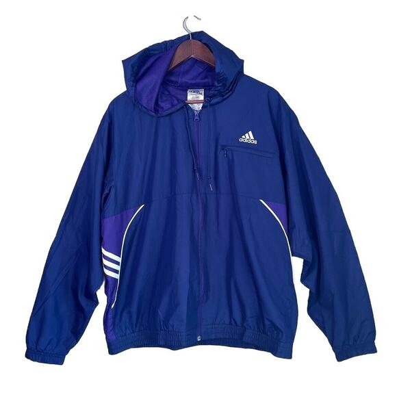 Vintage Adidas Windbreaker Track Jacket Hoodie White Stripe Y2K Size Large - Picture 1 of 14
